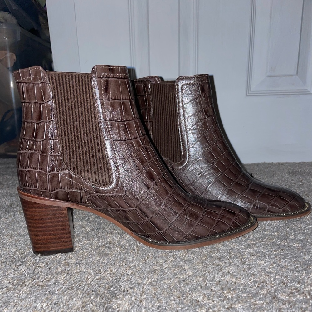Vince Camuto brown snakeskin booties